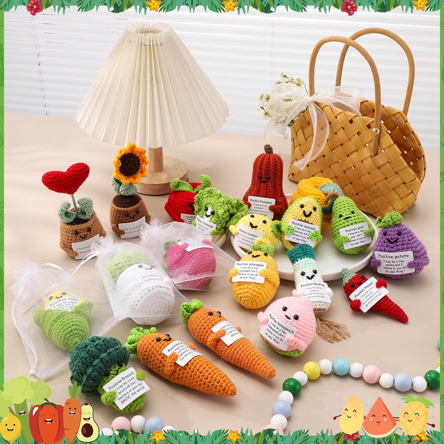 81-t6Ip5UpL._AC_SL1500_.jpg 20 Pcs Funny Mini Positive Vegetables Bulk Handmade Emotional Support Pickled Cucumber with 25 Pcs Organza Gift Bags Cute Furit Knitting Doll Crochet Corn with Positive Card - Image 2