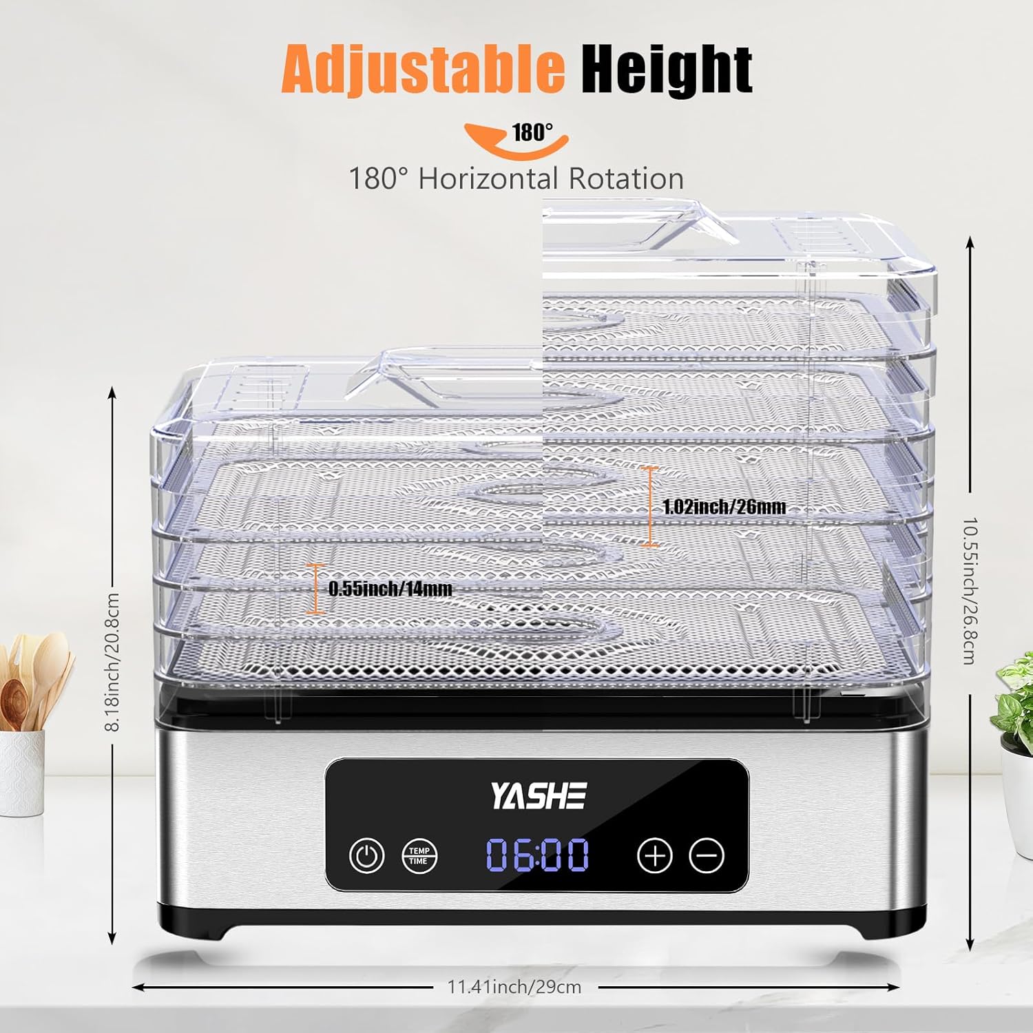 8108J2v00iL._AC_SL1500_.jpg YASHE Food Dehydrator Machine, 5 Stainless Steel Trays Food Dryer, 48H Timer and Temperature Control, Recipes Book Included, 420W Dehydrators for Food and Jerky, Herbs, Meat, Fruit, Dog Treats - Image 6