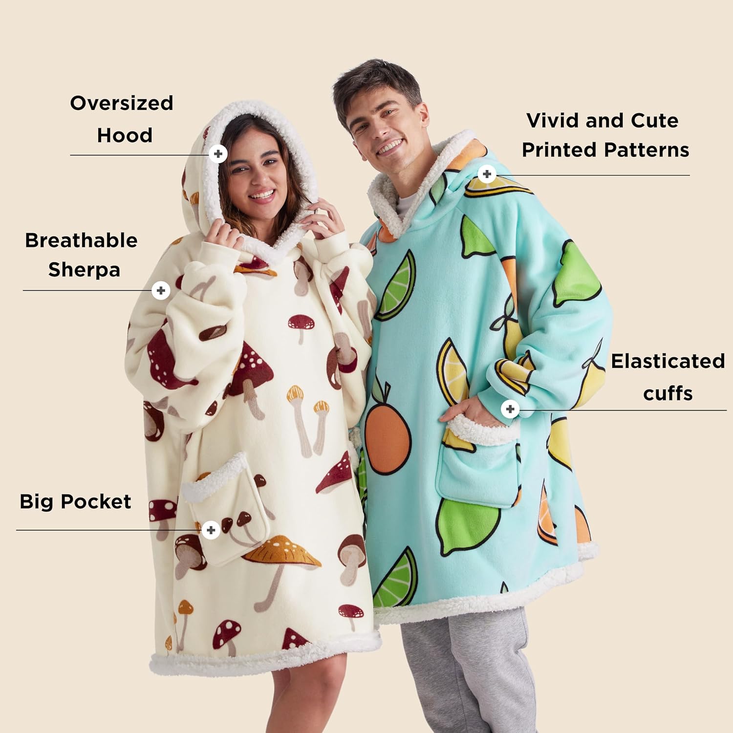 810ZKzNlvyL._AC_SL1500_.jpg Bedsure Wearable Blanket Hoodie, Sherpa Hooded Blanket Printed for Adult & Kids as Gifts for Women, Mom Gifts Sherpa Hoodie, Standard, Mushroom, Beige - Image 2