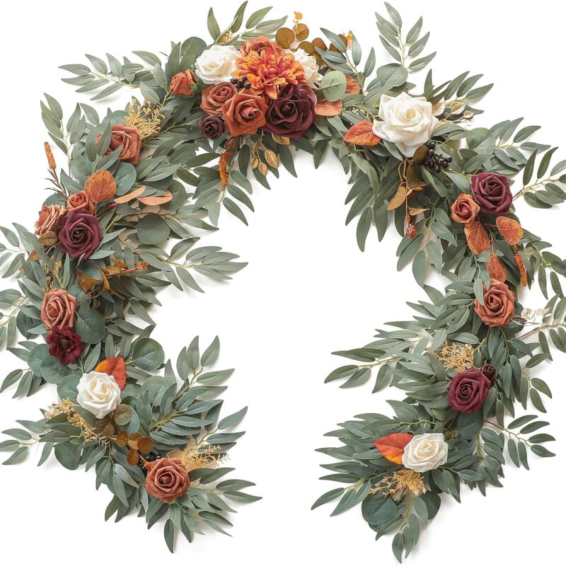 Floroom 6ft Artificial Eucalyptus Garland with Flowers Fake Greenery Burnt Orange Faux Floral Vine Garland for Table Decor Wedding Centerpieces Bridal Shower Party Decorations, Terracotta