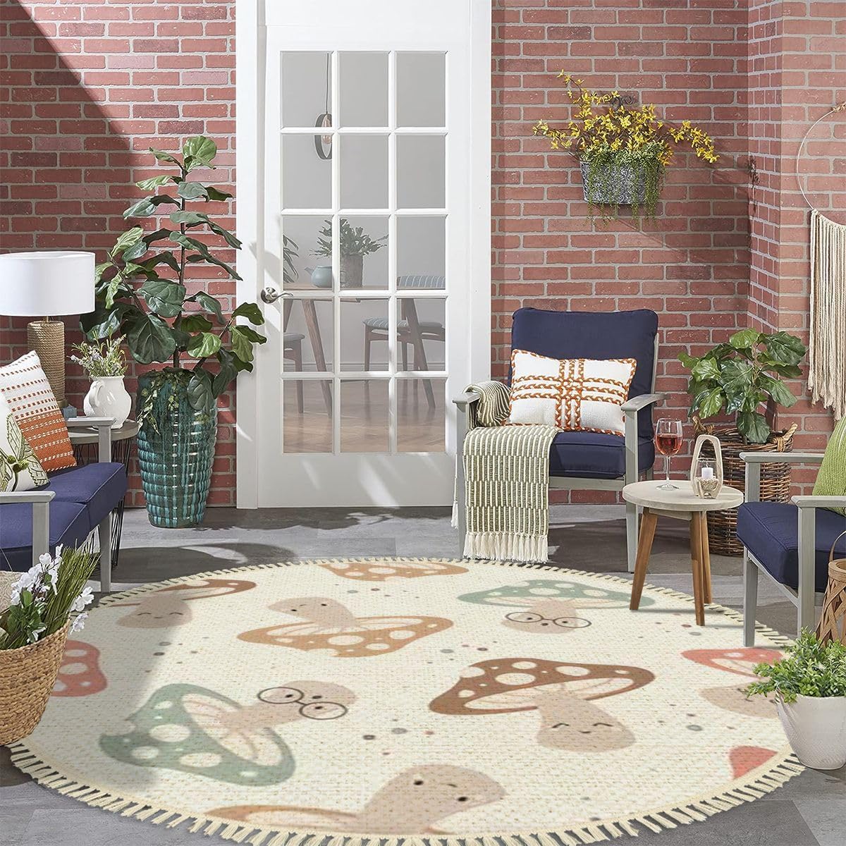 8129UHKOyyL._AC_SL1200_.jpg 4' Round Tassels Carpet Hand Drawn Seamless Pattern Cute Kawaii Mushrooms Cute Drawing Doodle Boho Circle Area Rugs for Playroom Nursery Living Room Kids Bedroom Indoor Outdoor Home Decor - Image 5