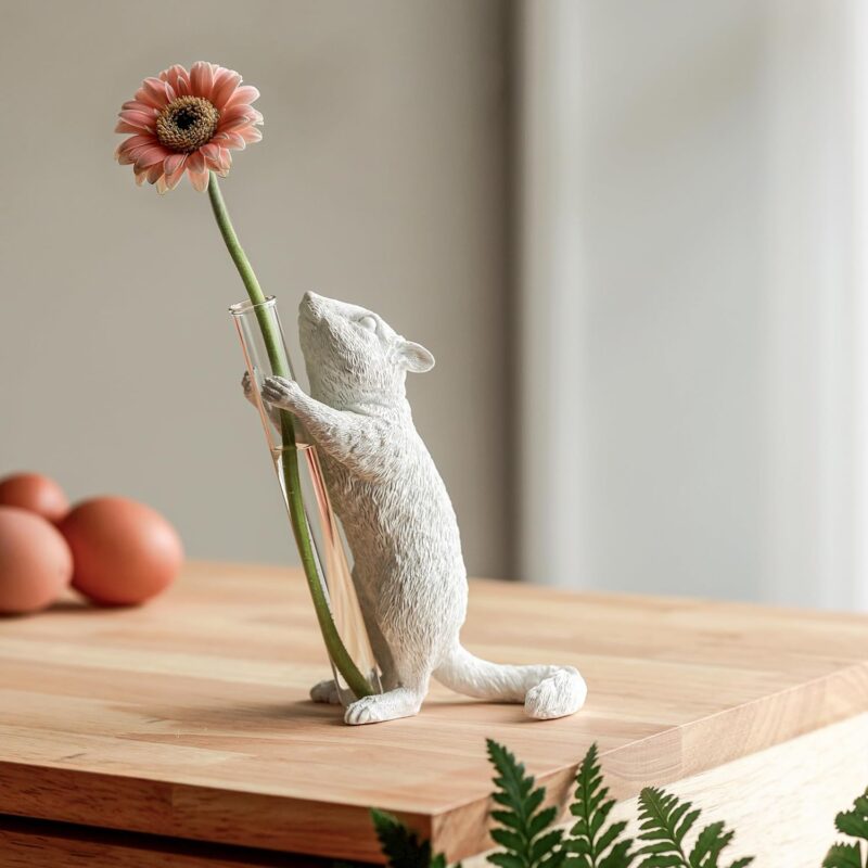 Whimsical Chipmunk Decorative Vase - Handcrafted Art Ｗith Realistic Charm, White Single Flower Vase for Modern Entryway Decor, Cute Table Decor for Living Room, Unique House Warming Gifts