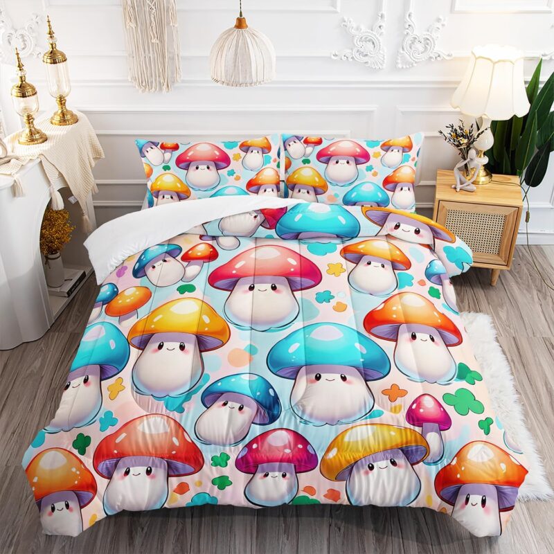 Kids Cartoon Colorful Mushroom Comforter 3Pcs Twin Kawaii Wild Mushroom Bedding Set for Teens Boys Girls Adults Botanical Plant Theme Print Quilt Bed Decor with 1 Comforter and 2 Pillowcases