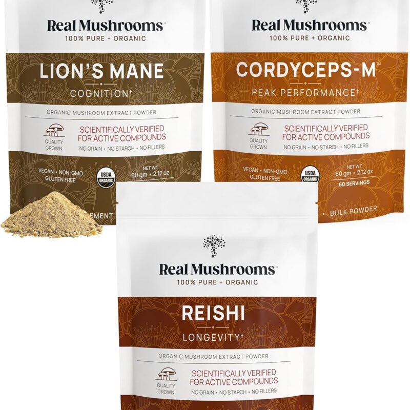 Real Mushrooms Peak Performance Bundle - Lion's Mane + Reishi + Cordyceps-M Certified Organic Mushroom Powders for Vitality, Immunity & Longevity