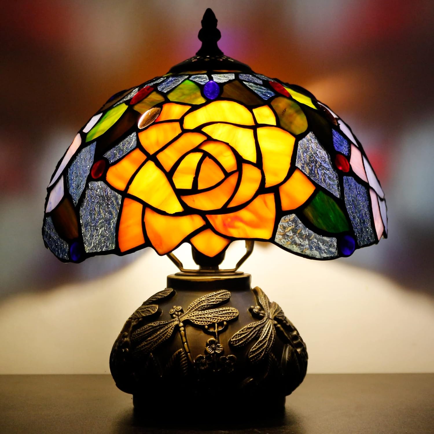 814wHUNioCL._AC_SL1500_.jpg Small Tiffany Table Lamp Yellow Purple Rose Style Stained Glass Desk Lamp 10X11.5 Inch Mushroom Table Light for Office Home Living Room Bedroom - Image 3
