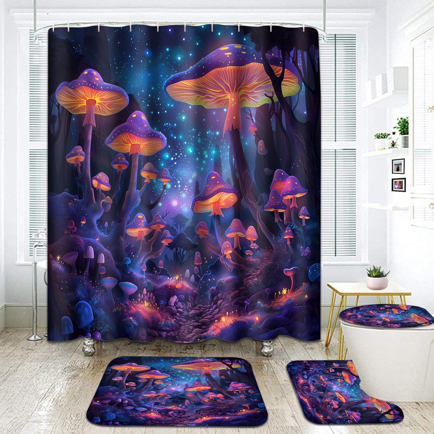 8151XNcatdL._AC_SL1500_.jpg Mushroom Bathroom Set- Magic Plant 4PCS Shower Curtain Sets Accessories with Non-Slip Rug, Toilet Lid Cover, Bath Mat-72x72in-Moon and Stars Curtains-Home Decor Women Adults Gifts