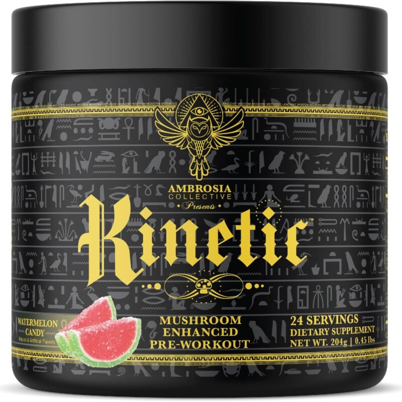 Ambrosia Kinetic Organic Preworkout, Mushroom Enhanced Natural Pre Workout Supplement, Nootropic Superfood Powder for Energy (Watermelon Candy)