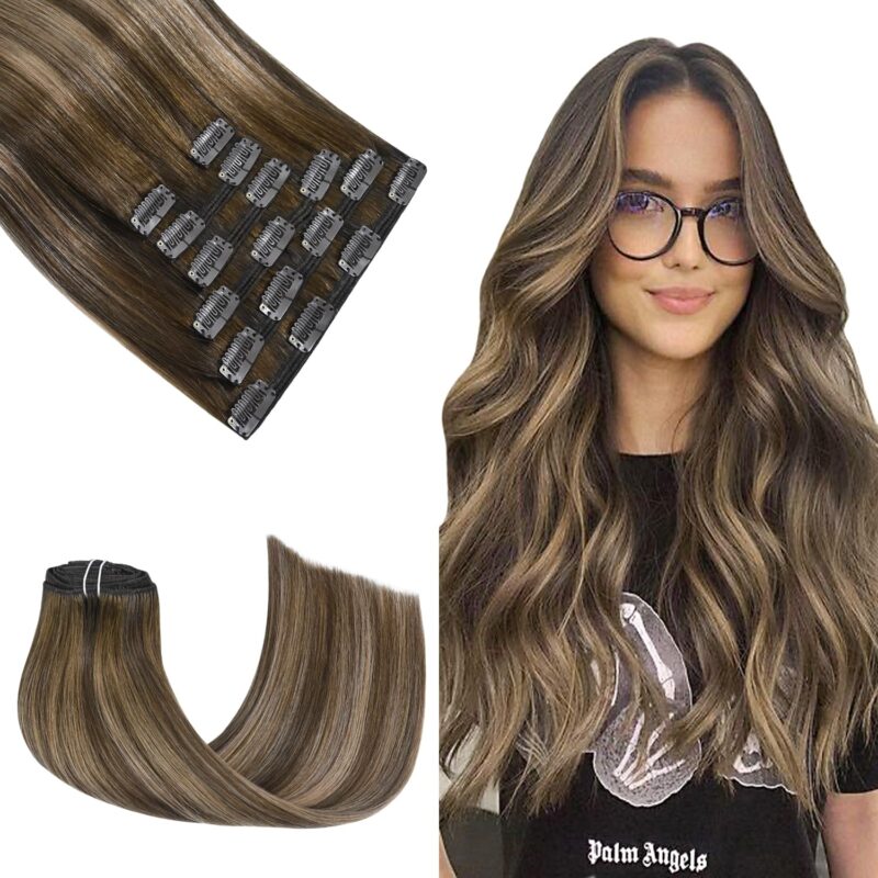 Honsoo Mushroom Brown Hair Extensions Clip in Human Hair 12in 100g 7pcs No Shedding No Tangling Natural Remy Silky Straight Human Hair For Thick Hair