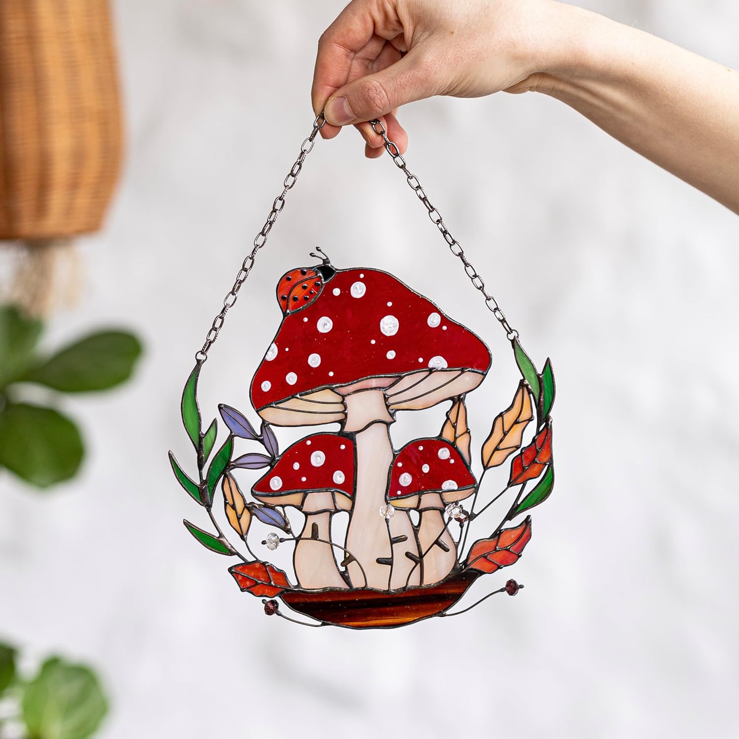 816p1N8aIL._SL1500_.jpg Red Stained Glass Hanging Agaric Mushroom Window Home Decor, Mushroom Sun Catcher, Real Glass Panel, Nature Inspired Decor, Patio Garden Hanging Decor, Agaric Sun Catcher, Stained Glass Mushroom - Image 7