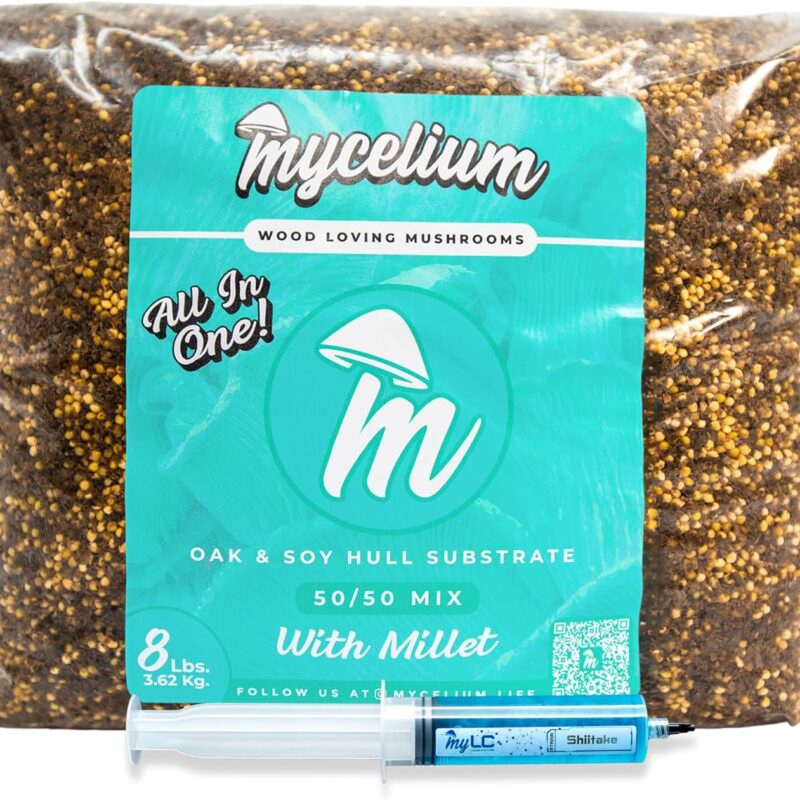 Mycelium’s Shiitake Gourmet Mushroom Kit | 8LBS Oak & Soy Hull with Millet Blend | 20ML Liquid Culture Syringe | All-in-One Complete Cultivation Kit | Pre-Sterilized - Home Growing Made Easy