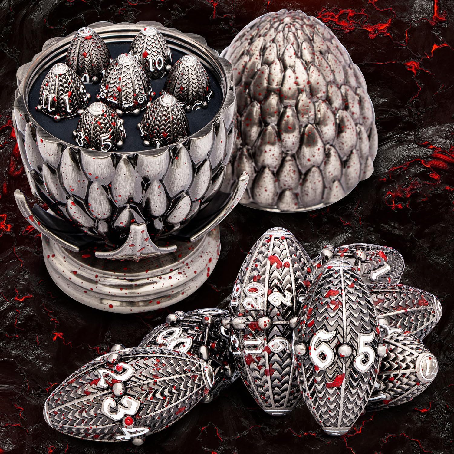 81A7YGWaHML._AC_SL1500_.jpg ARUOHHA DND Metal Dice Blood Splatter Dragon Egg Dice with Rotating Dragon Egg Shell, Dungeons and Dragons Role Playing Game RPG D&D Dice Polyhedral D and D Dice Set D20 D12 D10 D8 D6 D4