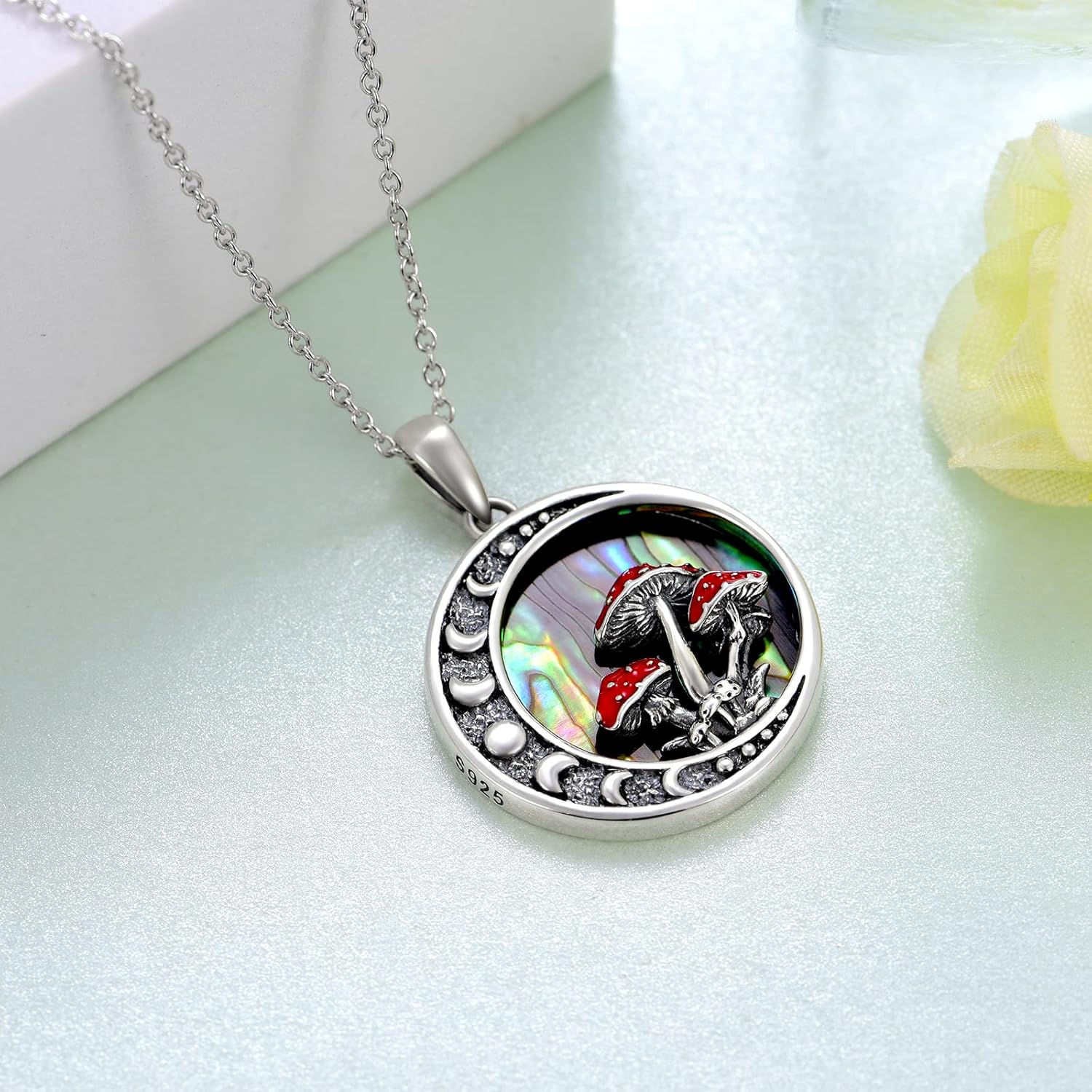 81AaSfEfXVL._AC_SL1500_.jpg Moon Mushroom Necklace for Women,925 Sterling Silver Magical Red Mushroom Pendant Moon Phase Necklaces,Anniversary Birthday Gifts for Women Mom,18''-20'' - Image 4