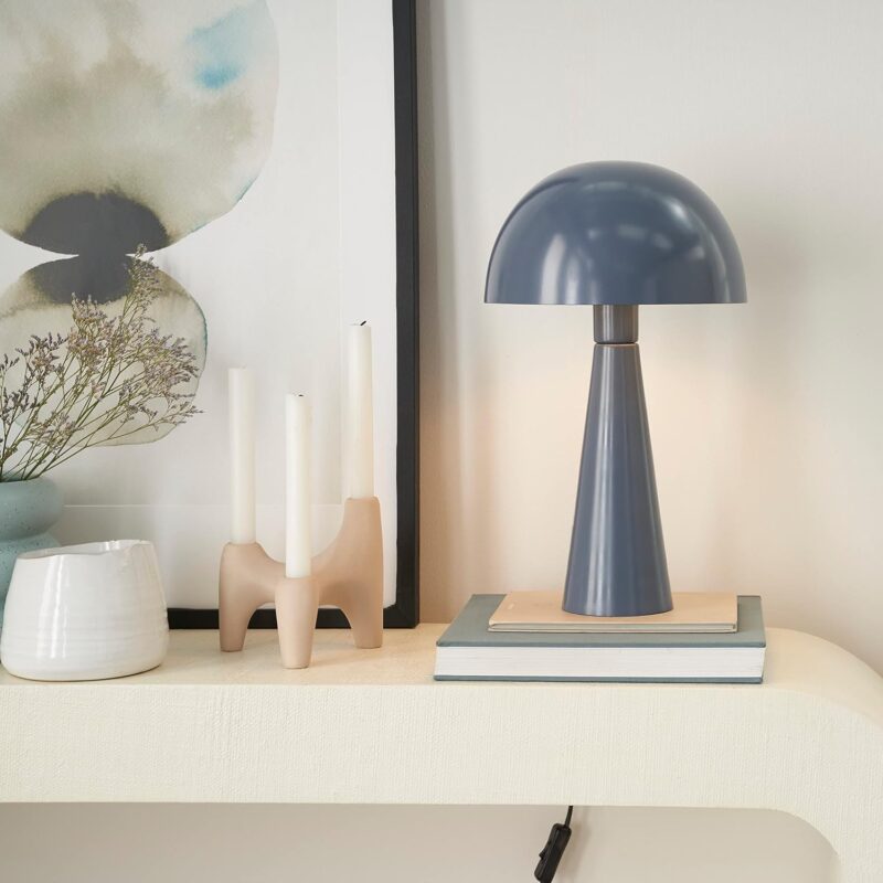 Nourison EPT01 16" Metal Mushroom Table Modern, Retro, Desk, Bedside, Living Room, Office Lamp, Small, Bluish Grey