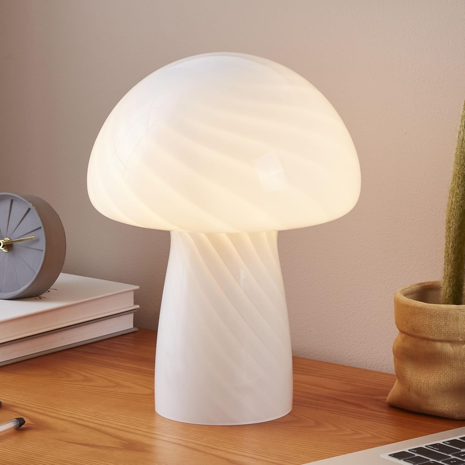 81BCm3OoURL._AC_SL1500_.jpg Brightech Mushroom Table Lamp 12.75" - Elegant Modern Glass Lamp for Bedside Tables, Nightstands, Desks, Bookshelves - Cozy Ambient Night Light with Warm White Lamp Living Rooms, Bedrooms - White