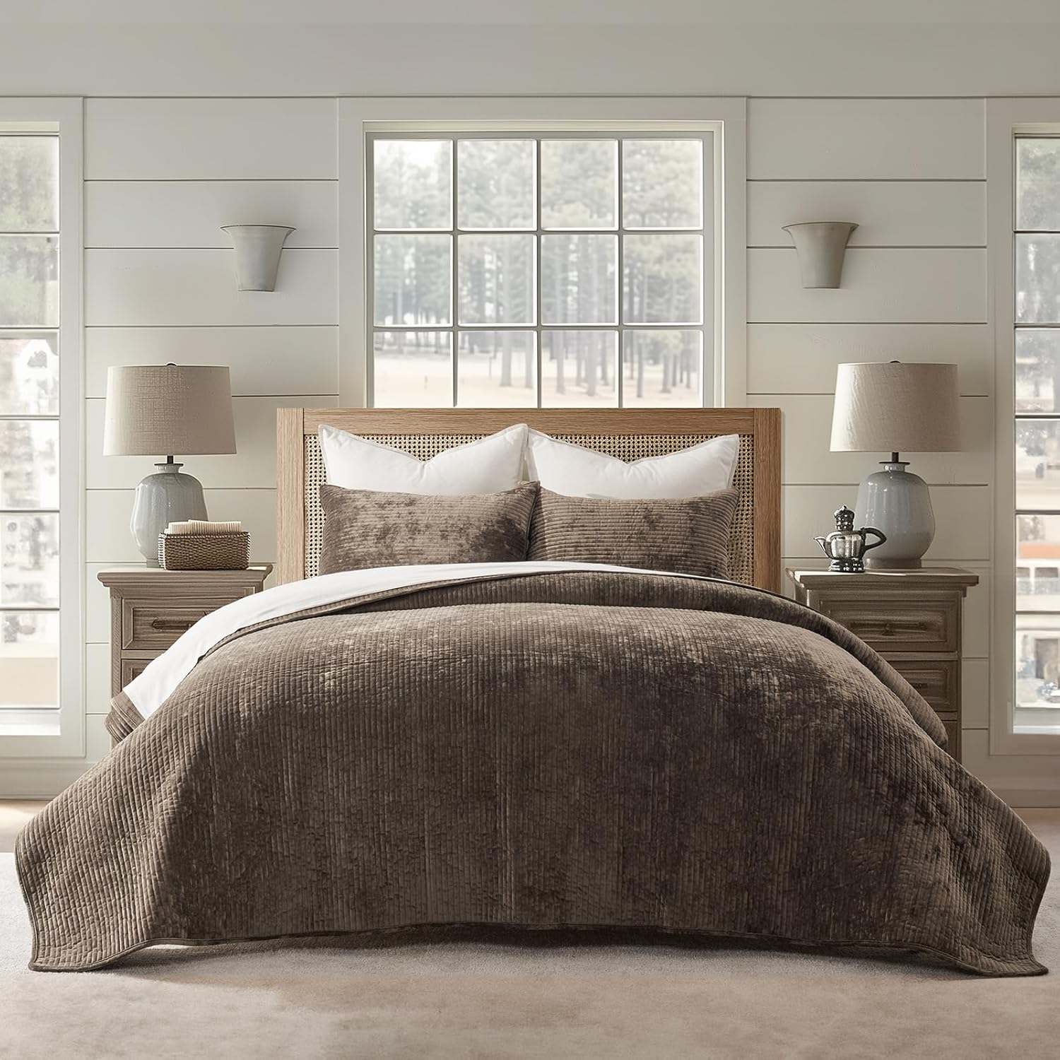 81BcAUCu2mL._AC_SL1500_.jpg EVERGRACE Velvet Quilt Set Queen Size, Luxurious Soft Velvet Bedding Sets, Lightweight Velvet Comforter for All Season, Striped Channel Bedspread Coverlet with 2 Shams, Mushroom Brown - Image 6