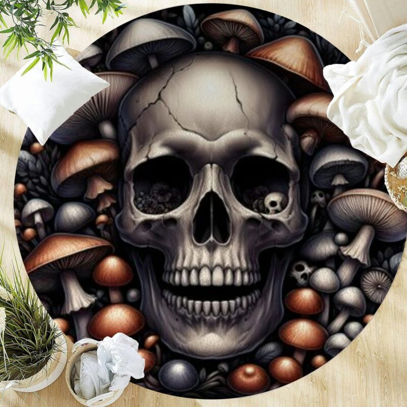 Large Round Washable Area Rugs 5ft a Skull Various Mushrooms Arranged an Asymmetrical Tattoo Rugs for Bedroom Living Room Dining Room Table Kitchen Bathroom Entryway Circular Carpet