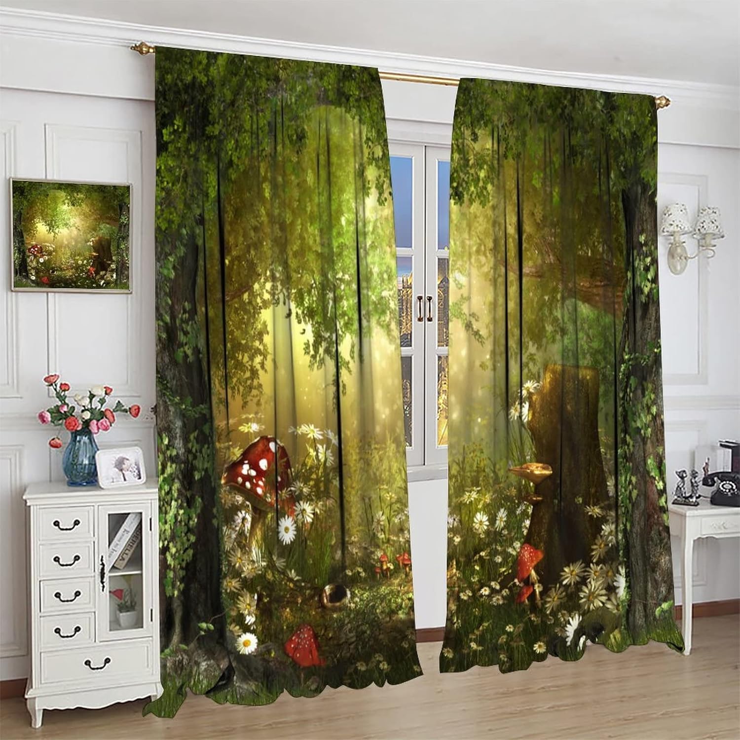 81Cde1ymtKL._AC_SL1500_.jpg Dream Forest Curtains Beautiful and Charming Fairy Tale Lush Forest Land Mushroom Stumps Flowers Suitable for Kitchen Blackout Window Drapes Decoration 2 Panels Green 52x84in - Image 3