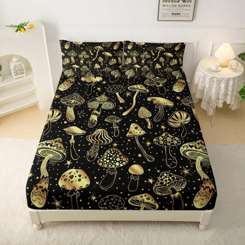 QOOMO Golden Mushroom Sheets Set Queen Size, Kids Sheets Set Set, Golden Mushroom Style Printing Bedding Ultra Soft，Bedding Set Queen Size 1 Fitted Sheet, 1 Flat Sheet, 2 Pillow Cases