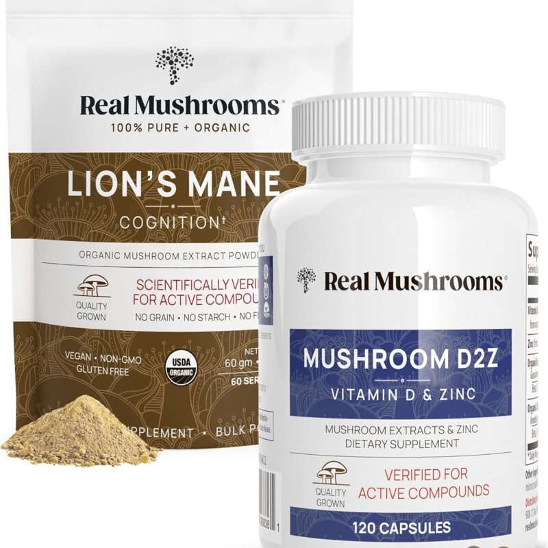 Real Mushrooms Vitamin D2, Chelated Zinc, Chaga, Reishi (120ct) and Organic Lion's Mane Powder (60 Servings) Bundle - Immunity and Cognitive Support, Improved Absorption - Vegan, Gluten Free, Non-GMO