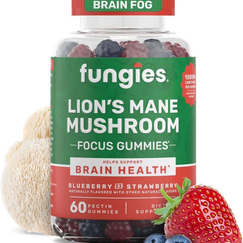 Fungies Lion's Mane Mushroom Gummies, Mixed Blueberry & Strawberry Flavor - Mushroom Supplement Gummy for Adults & Children Supports Brain Health, Cognitive Function, Focus, Memory & Mood, 60 Servings