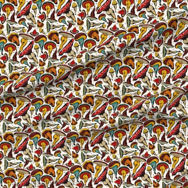Spoonflower Fabric - Mushrooms Wild White Retro Booty Tattoos Printed on Upholstery Velvet Fabric by The Yard - Upholstery Home Decor Bottomweight Apparel