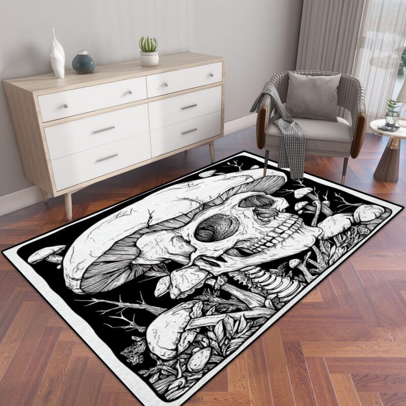 Creepy Skull Mushrooms Hand Draw Coloring Area Rug Outdoor Patio Rug Play Mat Modern Floor Carpet Non-Slip Home Decor Living Room Kids Bedroom Nursery, 3x5 ft