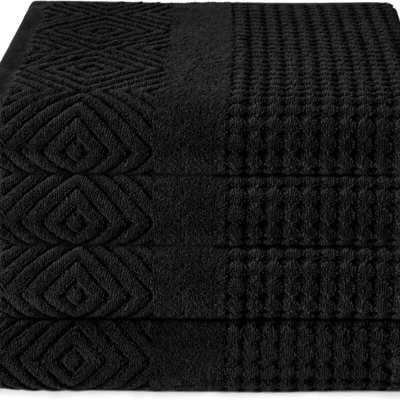 Texere 100% Organic Cotton Diamond Jacquard 700 GSM Luxury Bath Towel Sets - Ultra Soft and Absorbent Hotel and Spa Quality (Diamond, Black, 4 Bath Towels)