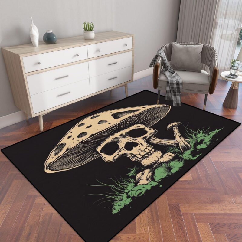 Mushroom Skull Vintage Art Halloween Graphic Sign Tattoo Decoration Area Rug Outdoor Patio Rug Play Mat Modern Floor Carpet Non-Slip Home Decor Living Room Kids Bedroom Nursery, 3x5 ft