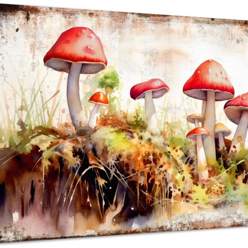 Watercolor Brown Red Mushroom Wall Decor Country Rustic Grain Canvas Print Posters for Kitchen Dinner Room Wall Art Botanical Fungus Picture Artwork Bedroom Living Room Bathroom Home Decoration 32x48"