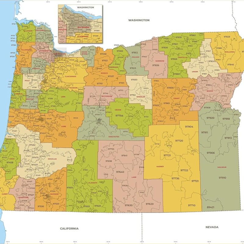 Oregon ZIP Code Map with Counties - Standard - 36" x 27.5" Laminated