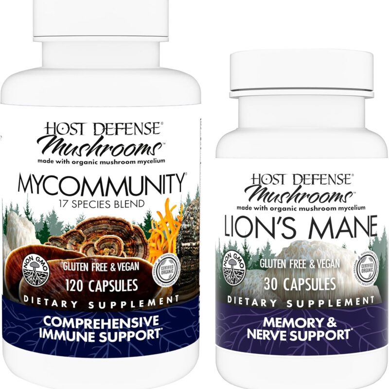 Host Defense MyCommunity Capsules, 120 Count & Lion's Mane Capsules, 30 Count - Support Immune Health with 17 Species Mushroom Blend - Support Brain Health, Memory & Focus