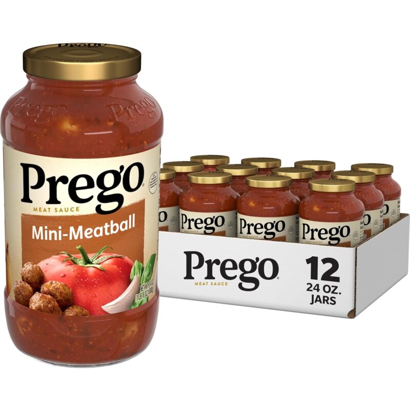 Prego Mini-Meatball Pasta Sauce, Great Tomato Sauce for Pasta, 24 Ounce Jar (Pack of 12)