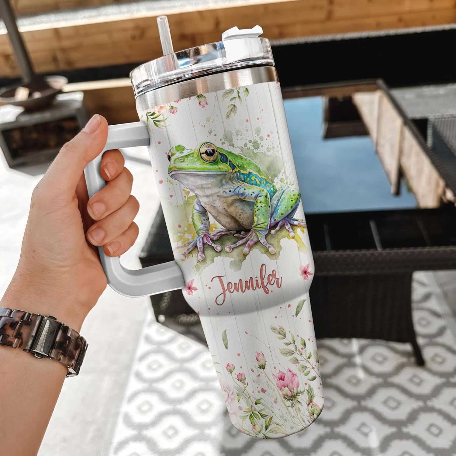81IzxLZjnpL._AC_SL1500_.jpg Hyturtle Personalized Gifts For Frog Lover Tumbler 40oz with Handle and Straw - Stainless Steel Travel Coffee Cup With Lid - Cute Animal Lover Gifts For Women, Girl On Birthday Christmas - Image 3