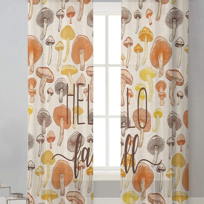 Thanksgiving Sheer Curtains 72 Inches Long, Semi Sheer Curtain Drapes, Fall Mushroom Hand Draw Vintage Burlap Voile Window Treatment Curtains for Living Room, Grommet Top 2 Panels, 52"x72"