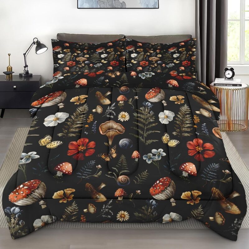 Comforter Set Queen Size, Vintage Woodland Mushroom Soft 3 Pcs Bedding for Kids and Adults, Fern Plants Botanical Comforter Set with Pillowcase, for Bedroom Bed Decor