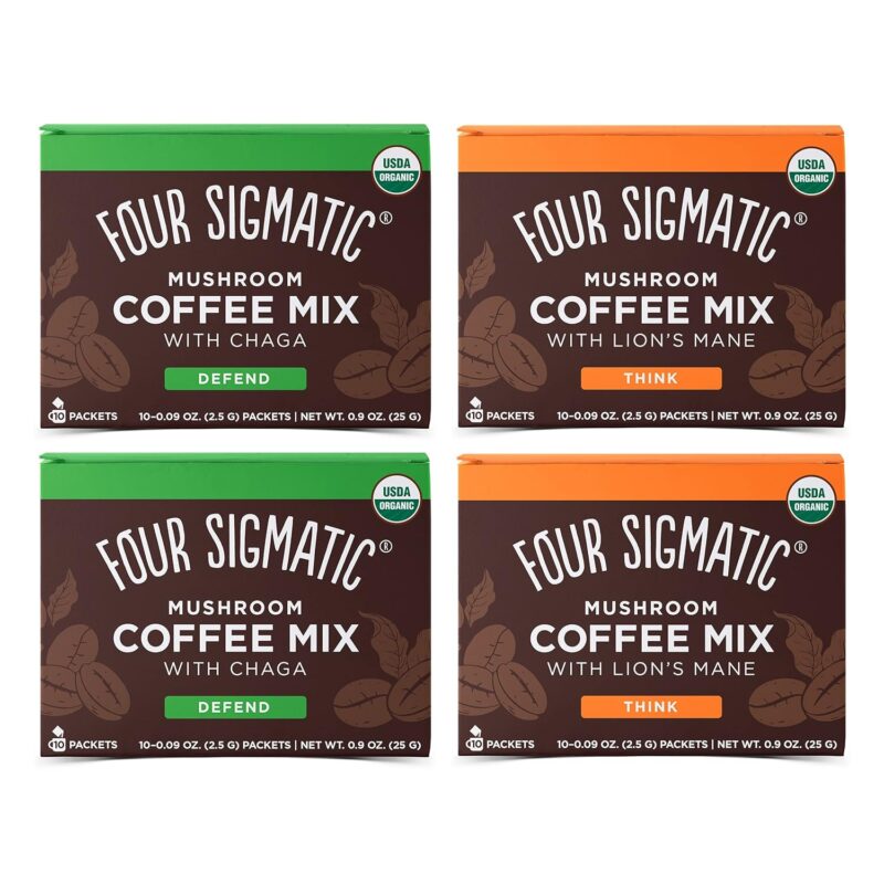 Four Sigmatic Mushroom Coffee Mix Pack of 4 - Lion's Mane and Chaga & Cordyceps and Chaga - 10 Packets Per Box