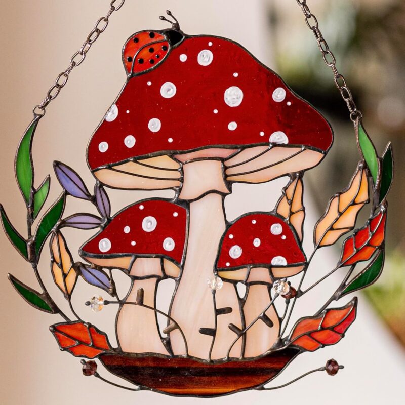 Red Stained Glass Hanging Agaric Mushroom Window Home Decor, Mushroom Sun Catcher, Real Glass Panel, Nature Inspired Decor, Patio Garden Hanging Decor, Agaric Sun Catcher, Stained Glass Mushroom