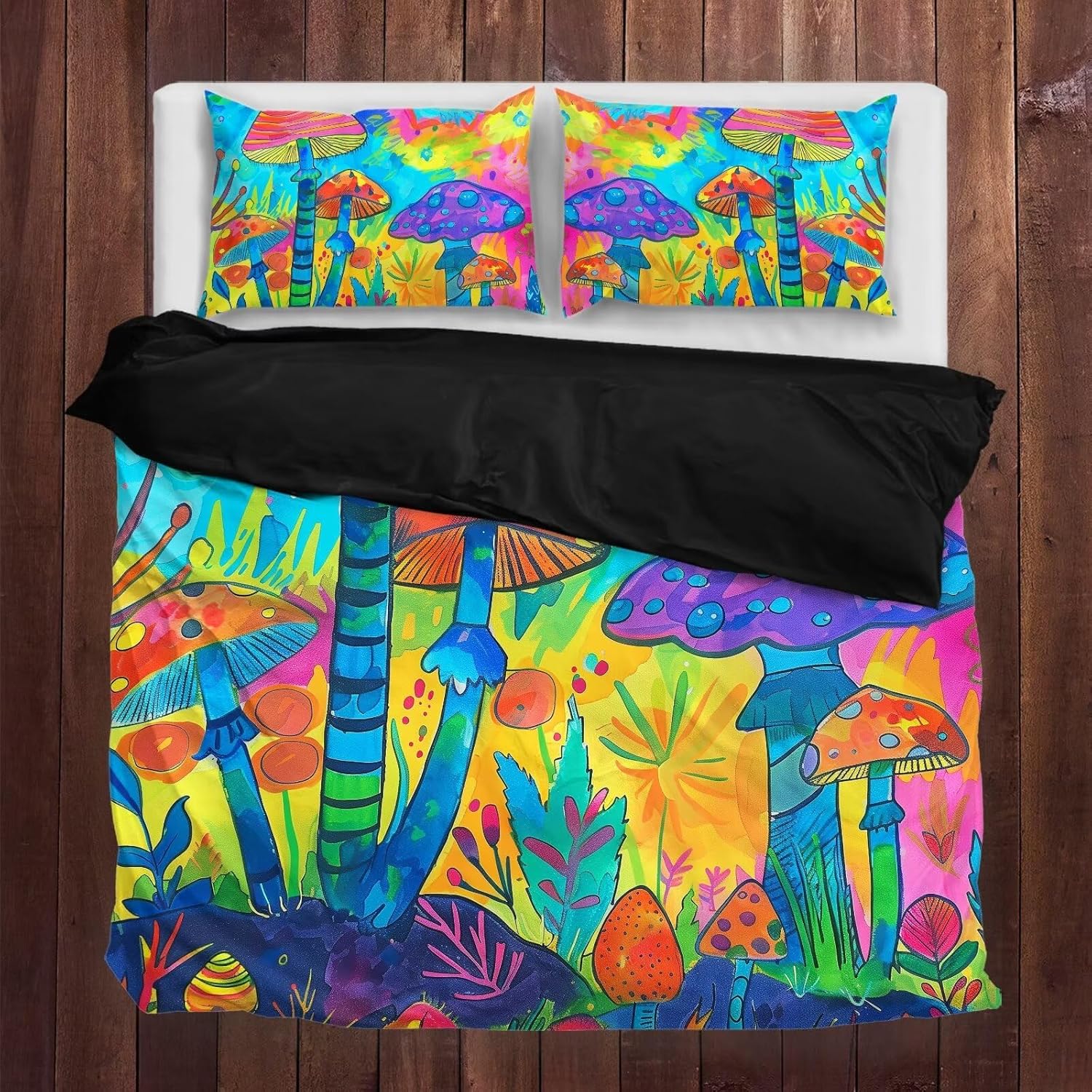 81KNO9uLVdL._AC_SL1500_.jpg 3PCS Colorful Mushroom Bedding Set, Kids Cartoon Hand Drawing Duvet Cover King, Plant Botanical Fungus Comforter Cover 2 Pillow Shams - Image 7