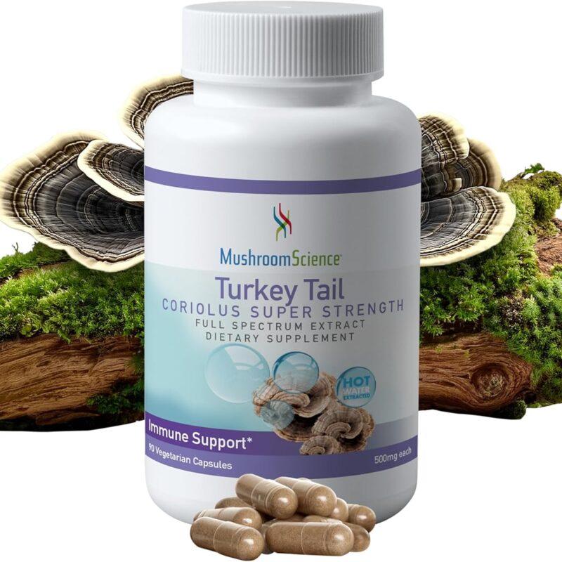 Turkey Tail Mushroom Capsules, Coriolus Super Strength, Natural Mushroom Supplement for Adults, Health Support, Hot Water Extracted Mushrooms, Vegetarian, 500MG, 90 CT