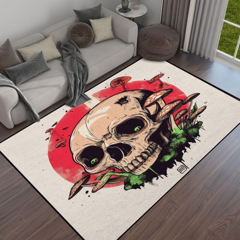 Skull Samurai Mushroom Area Rug Outdoor Patio Rug Play Mat Modern Floor Carpet Non-Slip Home Decor Living Room Kids Bedroom Nursery, 6x9 ft