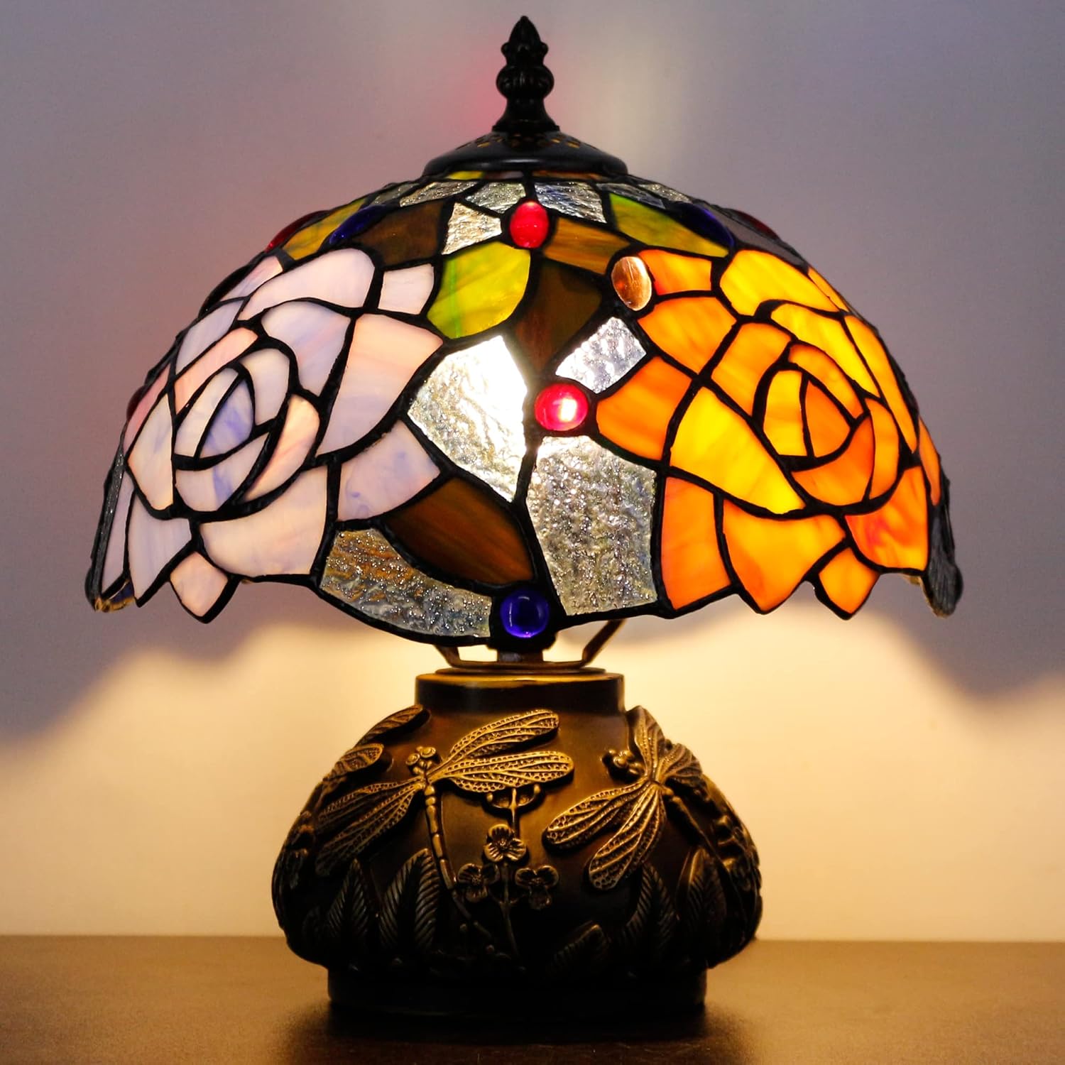 81O9Tb4ISUL._AC_SL1500_.jpg Small Tiffany Table Lamp Yellow Purple Rose Style Stained Glass Desk Lamp 10X11.5 Inch Mushroom Table Light for Office Home Living Room Bedroom