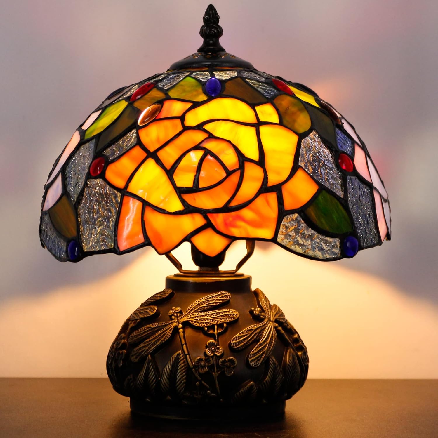 81P0cE350zL._AC_SL1500_.jpg Small Tiffany Table Lamp Yellow Purple Rose Style Stained Glass Desk Lamp 10X11.5 Inch Mushroom Table Light for Office Home Living Room Bedroom - Image 2