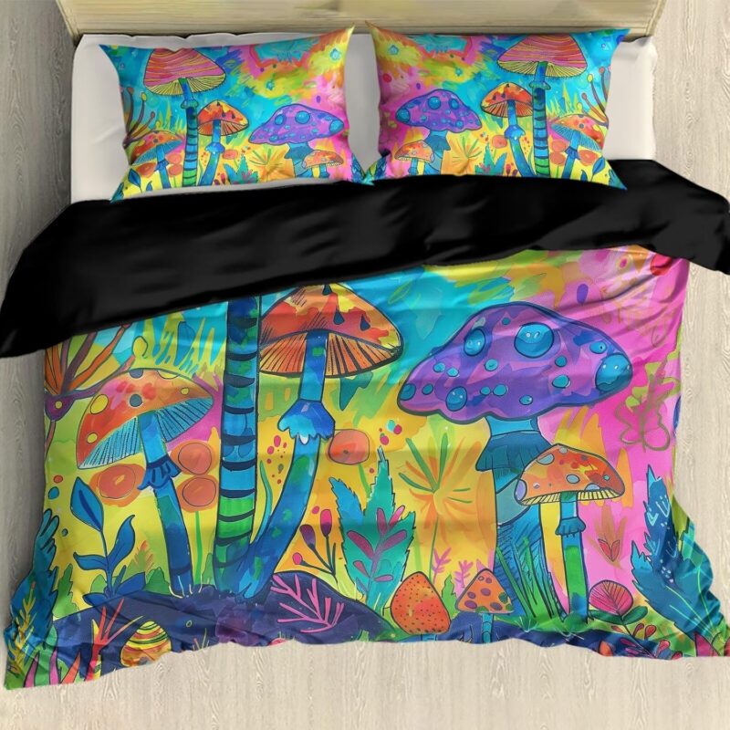 3PCS Colorful Mushroom Bedding Set, Kids Cartoon Hand Drawing Duvet Cover King, Plant Botanical Fungus Comforter Cover 2 Pillow Shams