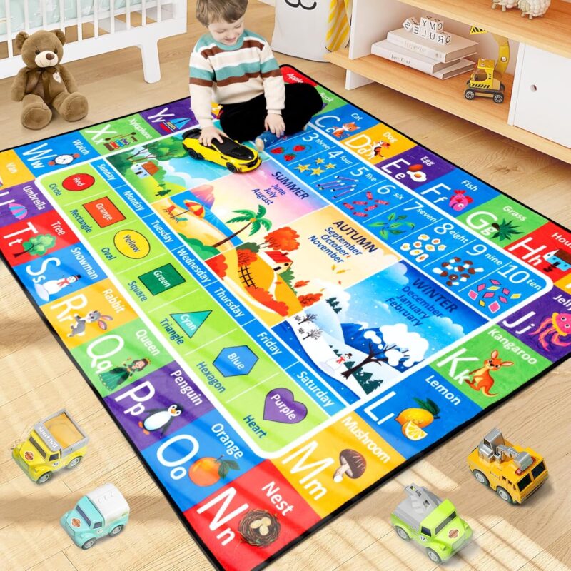 ABC Rug for Kids Playroom, Alphabet Rug 5x7 Feet, Washable Play Mat Rug Non-Slip ABC Mats Classroom Carpet for Learning Letters, Animal, Shape, Color, Nursery Toddler Play Room Decor
