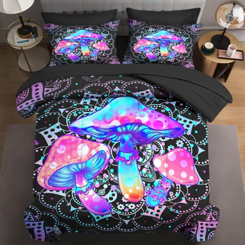 5 Pcs Twin Size Comforter Set with Pillowcase & Sham, Hippie Mushroom Bedding for Kids and Adults, Colorful Dream Mandela Bed in a Bag with Flat Fitted Sheet