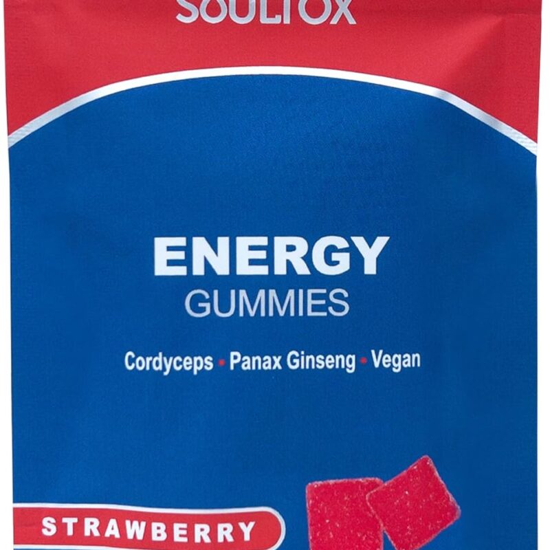 Soultox Energy Mushroom Gummies Strawberry - Vegan Formula with Ginseng, Cordyceps, Caffeine, Vitamin B12 - Boosts Energy and Cognitive Function - Natural Ingredients - 10 Pack