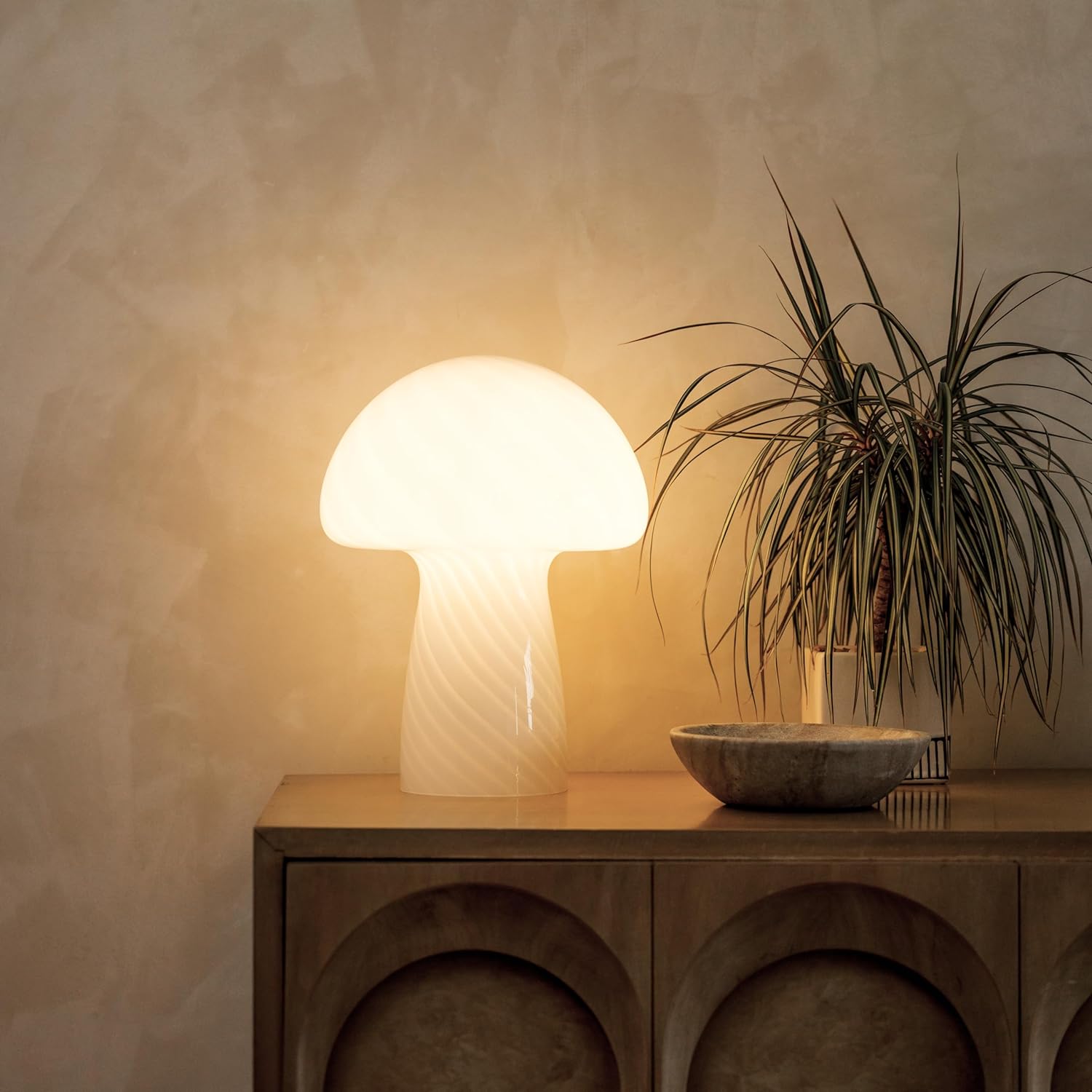 81Qjm5APJNL._AC_SL1500_.jpg Brightech Mushroom Table Lamp 12.75" - Elegant Modern Glass Lamp for Bedside Tables, Nightstands, Desks, Bookshelves - Cozy Ambient Night Light with Warm White Lamp Living Rooms, Bedrooms - White - Image 3