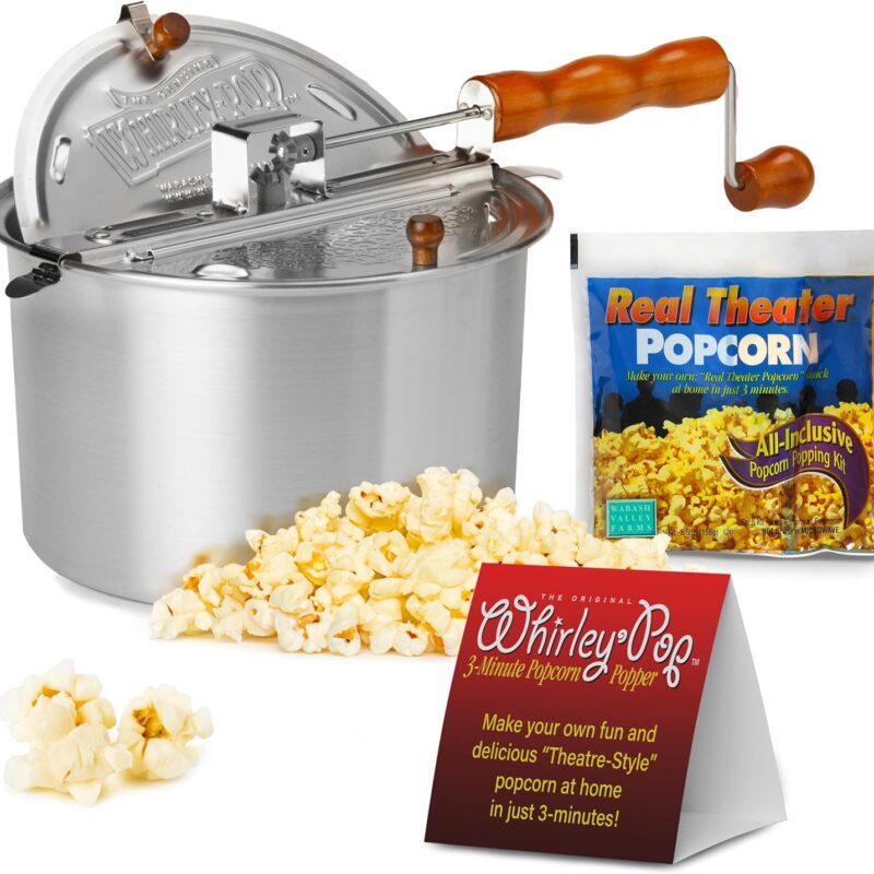 Wabash Popcorn Popper with Kernels - Silver, Metal Gear Popcorn Maker, Fast, & Easy-to-Use Popcorn Machine for Popcorn Lovers, 6-Quarts