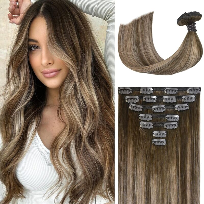 Ukira Clip in Hair Extensions Real Human Hair, Mushroom Brown Hair Extensions, Balayage Hair Extensions Clip ins, 100g 12 Inch Remy Human Hair Clip in Extensions Full Head Silky Straight Hair