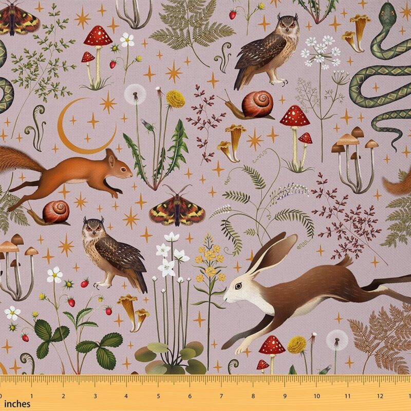 Lovely Rabbit Fabric by The Yard Cartoon Mushroom Cute Owl Animal Fabric for Sewing Supplies Glitter Stars Wild Plant Rustic Style Fabric for DIY Upholstery and Home Accents 10 Yards,360" Lx59 W Pink
